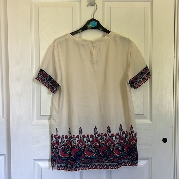 Ivory short sleeve work blouse with blue and pink detailing - Picture 2 of 5